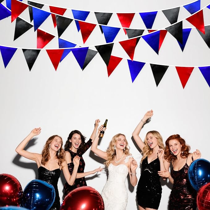 Navy Blue Red Black Party Decorations Metallic Fabric Triangle Pennant Banner Flag Bunting Garland for Graduations Birthday Retirement 4th of July USA Patriotic Veterans Party Decorations Supplies-VerdiqueGarden