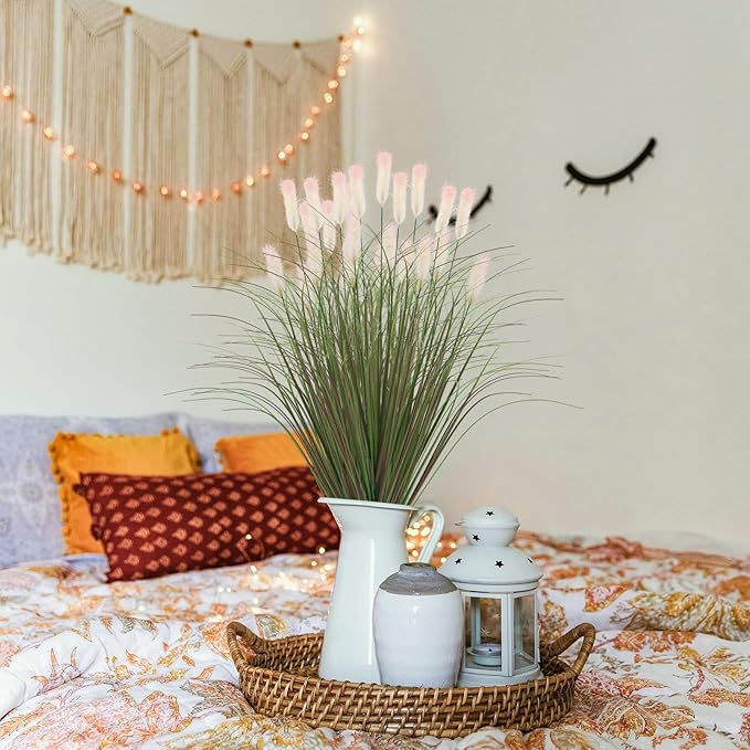 Artificial Grasses Plants Oudoor 12 Bunches Onion Grass Greenery with Plush Faux Fake Shrubs Plant Onion Wheat Grass for Outside Garden Indoor House Home Office Décor (Light Purple & Pink Plush-VerdiqueGarden