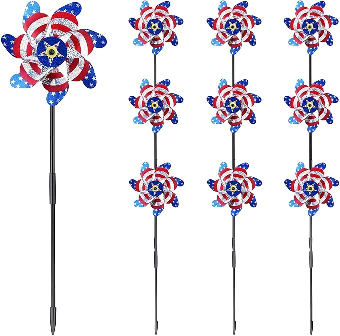 BATTIFE 10 Packs Patriotic Sparkly Reflective Pinwheels for Yard and Garden, American Flags Blinding Birds Pin Wheel Scare Birds & Animal Away, Wind Spinner for 4th of July-VerdiqueGarden