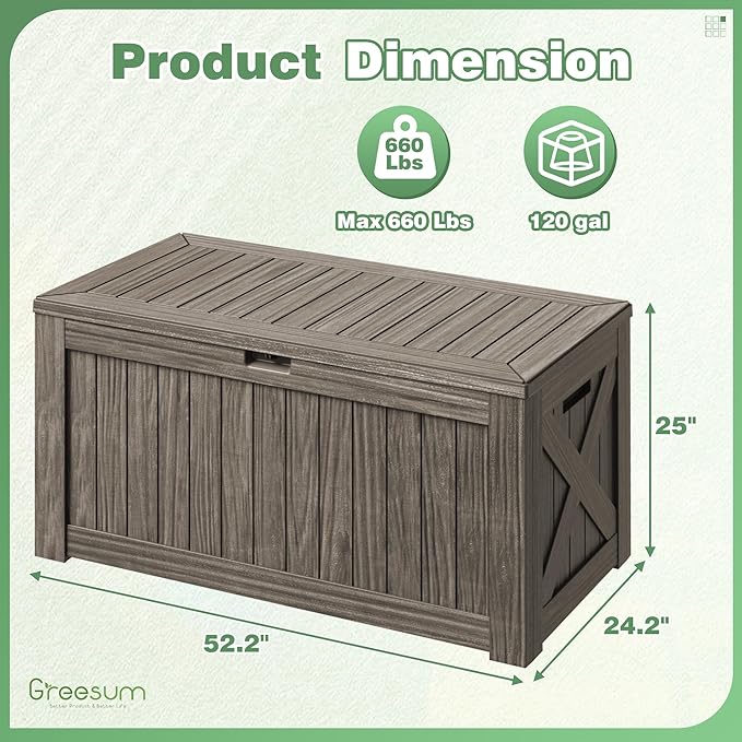 Greesum 120 Gallon Outdoor Storage Box with Lock - Large Resin Deck Box, Reinforced Lid for Garden, Patio, Lawn, Coffee-VerdiqueGarden