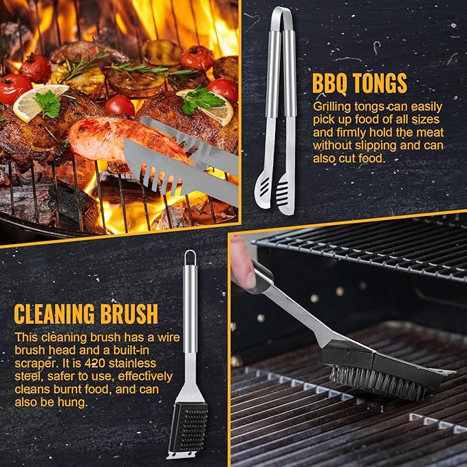 BBQ Grill Tools Set 16-inch Heavy Duty, 3 Pcs - Barbecue Utensils Kit for Camping, Kitchen, Outdoor Cooking,Suitable as a Gift for Men, Fathers, Friends-VerdiqueGarden