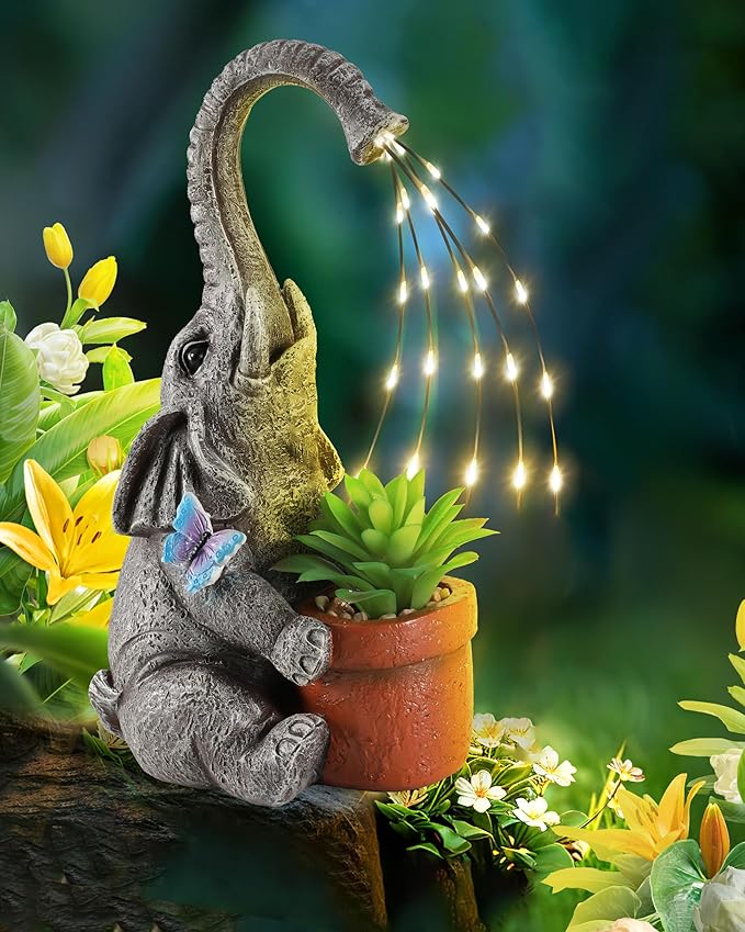 iStatue Solar Elephant Figurine with Succulent Plant Pot - 11'' Hand-Painted Lifelike Resin Lawn Ornaments Statue for Yard Art Garden Decor Gifts (Elephant)-VerdiqueGarden