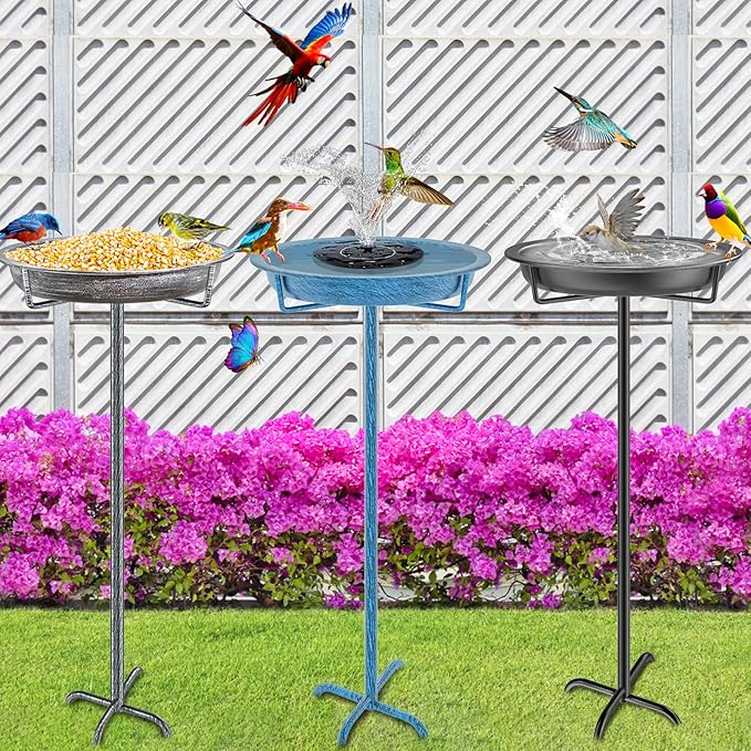 Metal Bird Bath for Outdoors Garden Birdbath Bowl, 36.2" Height Freestanding Bird Feeders for Outside with 4 Prongs Base Stake, Standing Birdfeeders for Yard Lawn Decor (Retro Silver)-VerdiqueGarden