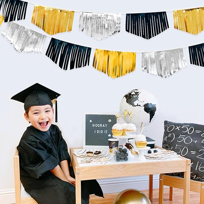 Black Silver Gold Tassel Banner Double Sided Metallic Fabric Pennant Bunting Flag Garland for Graduation Birthday Anniversary Bachelorette Engagement Wedding Bridal Shower Party Decorations Supplies-VerdiqueGarden