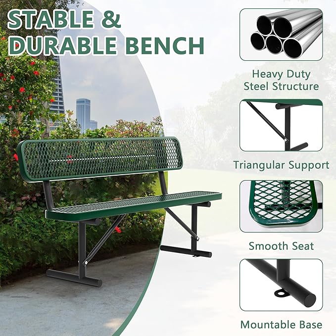 Heavy Duty Park Bench with Back Portable Frame, Outdoor Steel Bench with Backrest, Outdoor Park Bench Expanded Metal Mesh Bench for Lawn, Park, Deck, Garden, Patio, Porch, Black (Green, 6FT)-VerdiqueGarden