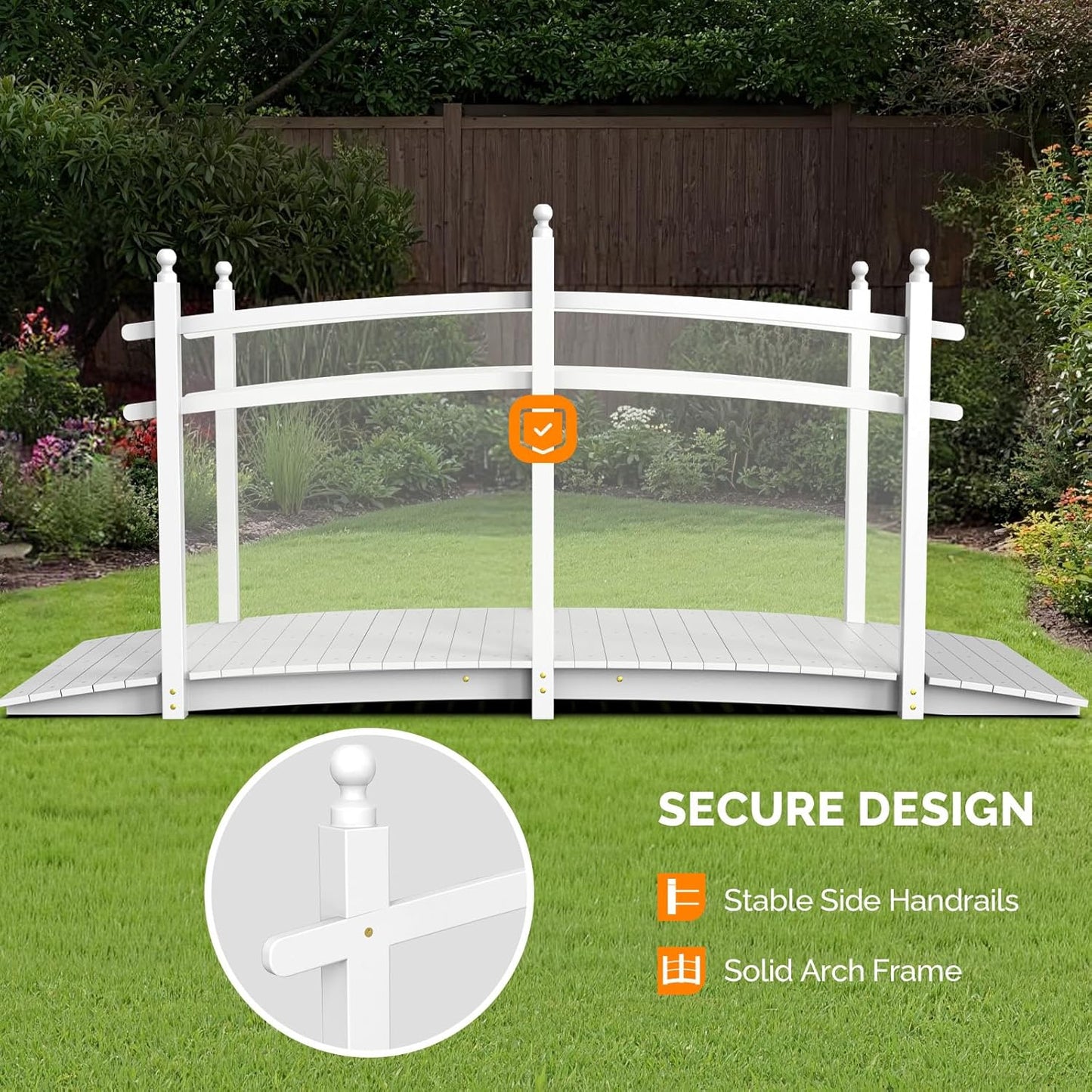 VINGLI Garden Bridge, Classic Wooden Arch with Safety Rails Footbridge (White, 7.5 ft)-VerdiqueGarden