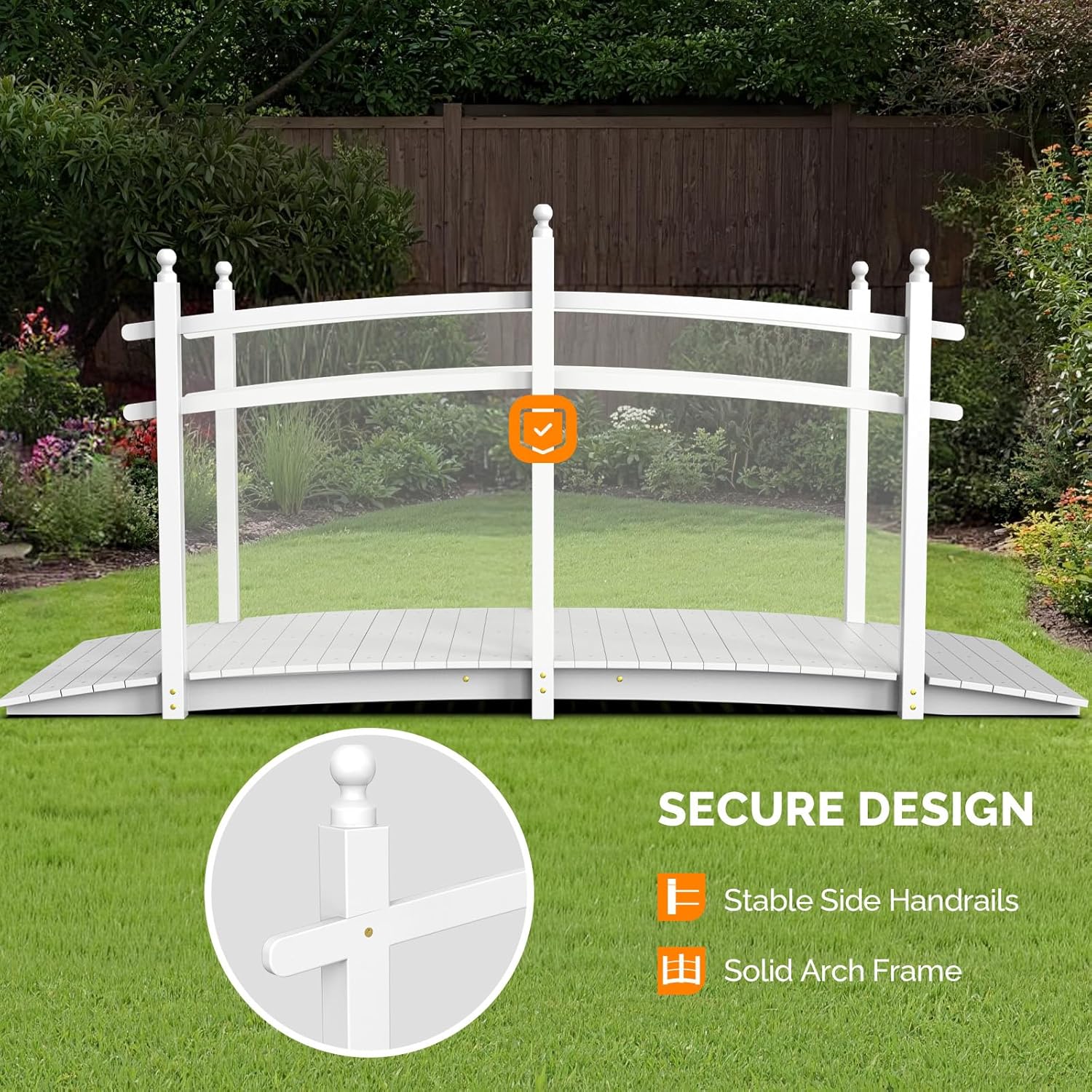 VINGLI Garden Bridge, Classic Wooden Arch with Safety Rails Footbridge (White, 7.5 ft)-VerdiqueGarden