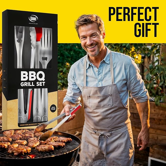 Kaluns BBQ Grilling Accessories, Grilling Gifts for Men Dad, Grill Tools for Outdoor Grill, Heavy Duty Stainless Steel Grill Set with Spatula, Tongs, Fork, Brush, & Grilling Mat, Best BBQ Gifts-VerdiqueGarden