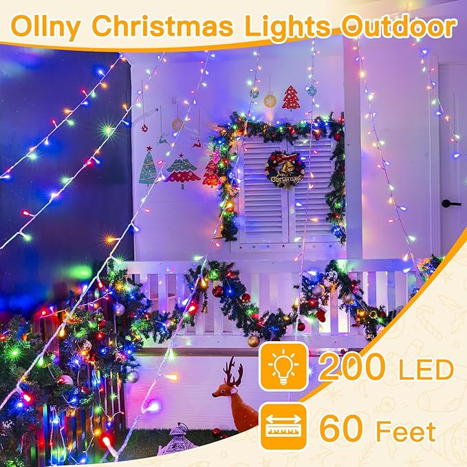 Ollny Christmas Lights Outdoor 200LED 60FT, Multicolor Connectable Plug in Fairy Light Indoor, 8 Modes Waterproof Timer Plug in LED String Lights for House Outside Bedroom Patio Balcony-VerdiqueGarden