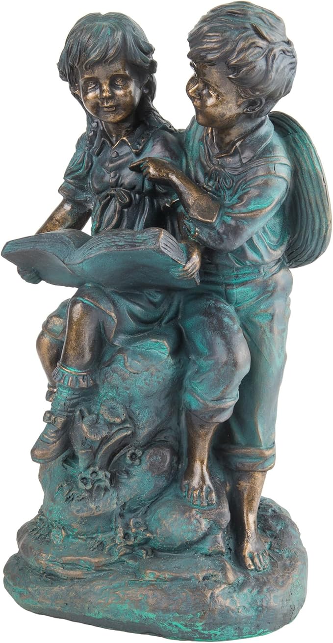 Alpine Corporation 15" Tall Indoor/Outdoor Girl and Boy Reading Together Statue Yard Art Decoration-VerdiqueGarden