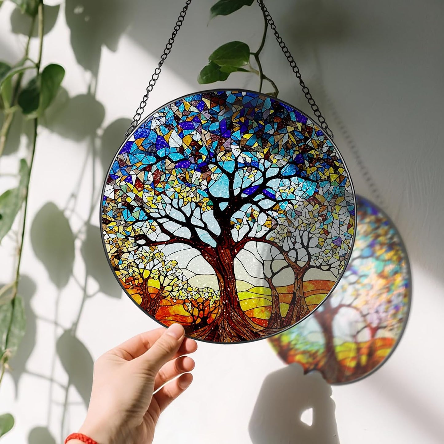 Stained Glass Window Hanging, LAOWEIKI 8'' Tree of Life Suncatcher, Stained Glass Ornament, Suncatchers for Windows Hanging, Window Decor, Outdoor or Indoor, Gifts for Women, Lovers, Couple, Friends-VerdiqueGarden