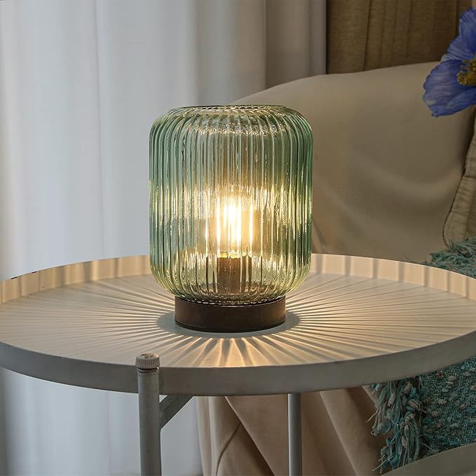 Battery Operated Lamp, Cordless Table Lamps for Home Decor, Battery Powered Nightlight with LED Bulb, Decorative Glass Beside Lamp for Bedroom Living Room-Green-VerdiqueGarden