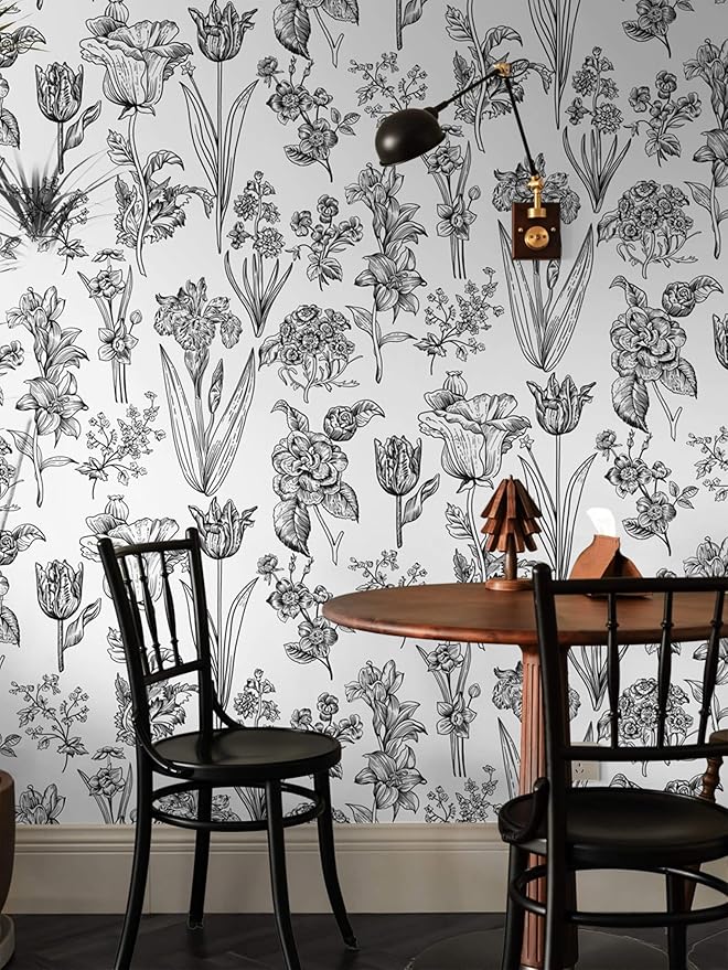 Dimoon 78.7"x17.3" Floral Peel and Stick Wallpaper White Contact Paper Waterproof Black Lines Wallpaper Vintage Flower Thicken Plant Self Adhesive Removable Wall Covering Shelf Liner Decal Vinyl Roll-VerdiqueGarden