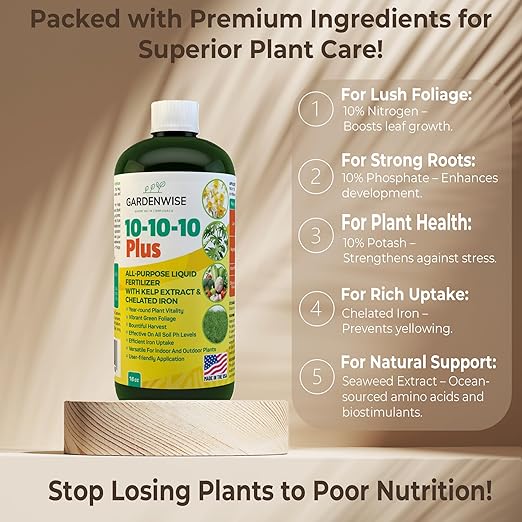 10-10-10 Fertilizer for All Purpose Plants - Liquid Fertilizer with Seaweed Kelp & Iron - Plant Food Outdoor & Indoor Plant Food, Vegetables,Flowers, Lawn & Garden 10 10 10 Fertilizer 16 oz-VerdiqueGarden