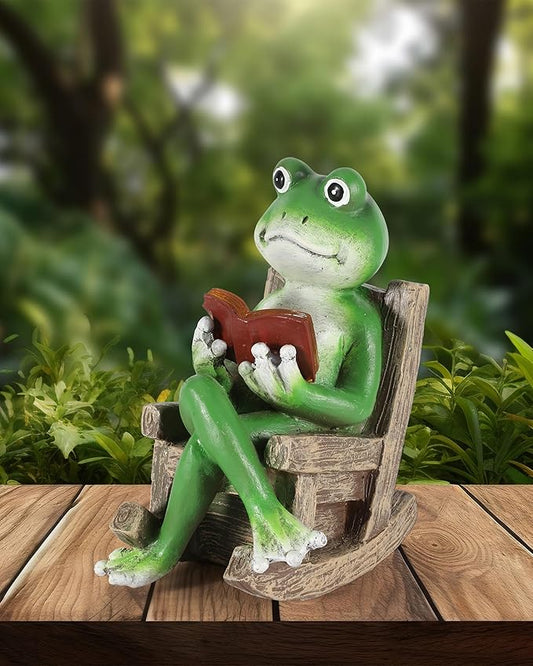iStatue Miniature Solar Frog Reading Book Figurine Light - 5.5'' Resin Chair Statue Outdoor Table Decor for Lawn Ornaments, Patio, Yard & Garden and Home-VerdiqueGarden