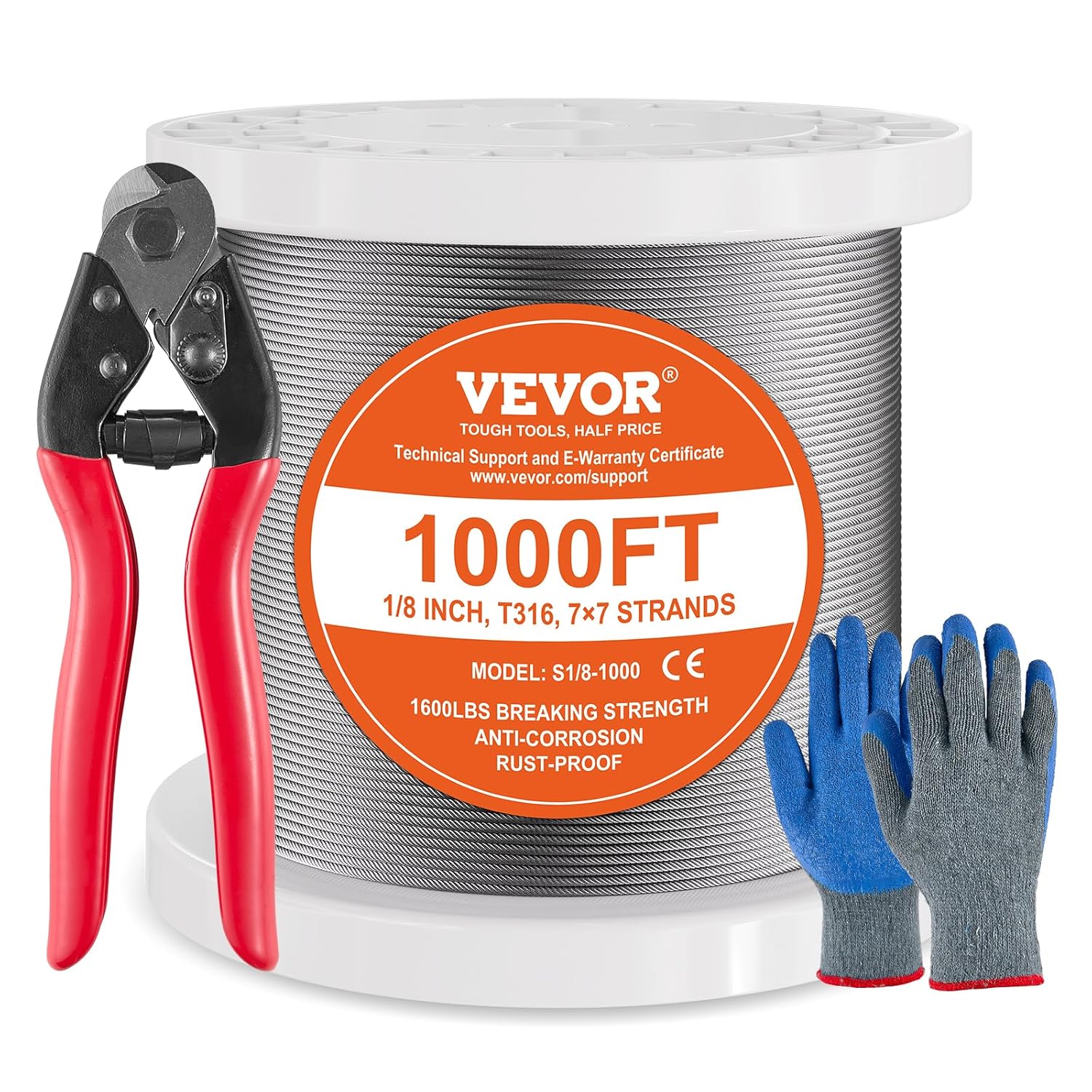VEVOR 1/8 Stainless Steel Cable, 1000 FT 316 Cable Railing Kit with Cutter and Gloves, 1600 lbs Breaking Strength, 7x7 Strands Marine Aircraft Cable for Handrail Stair Decking Fence Outdoors-VerdiqueGarden