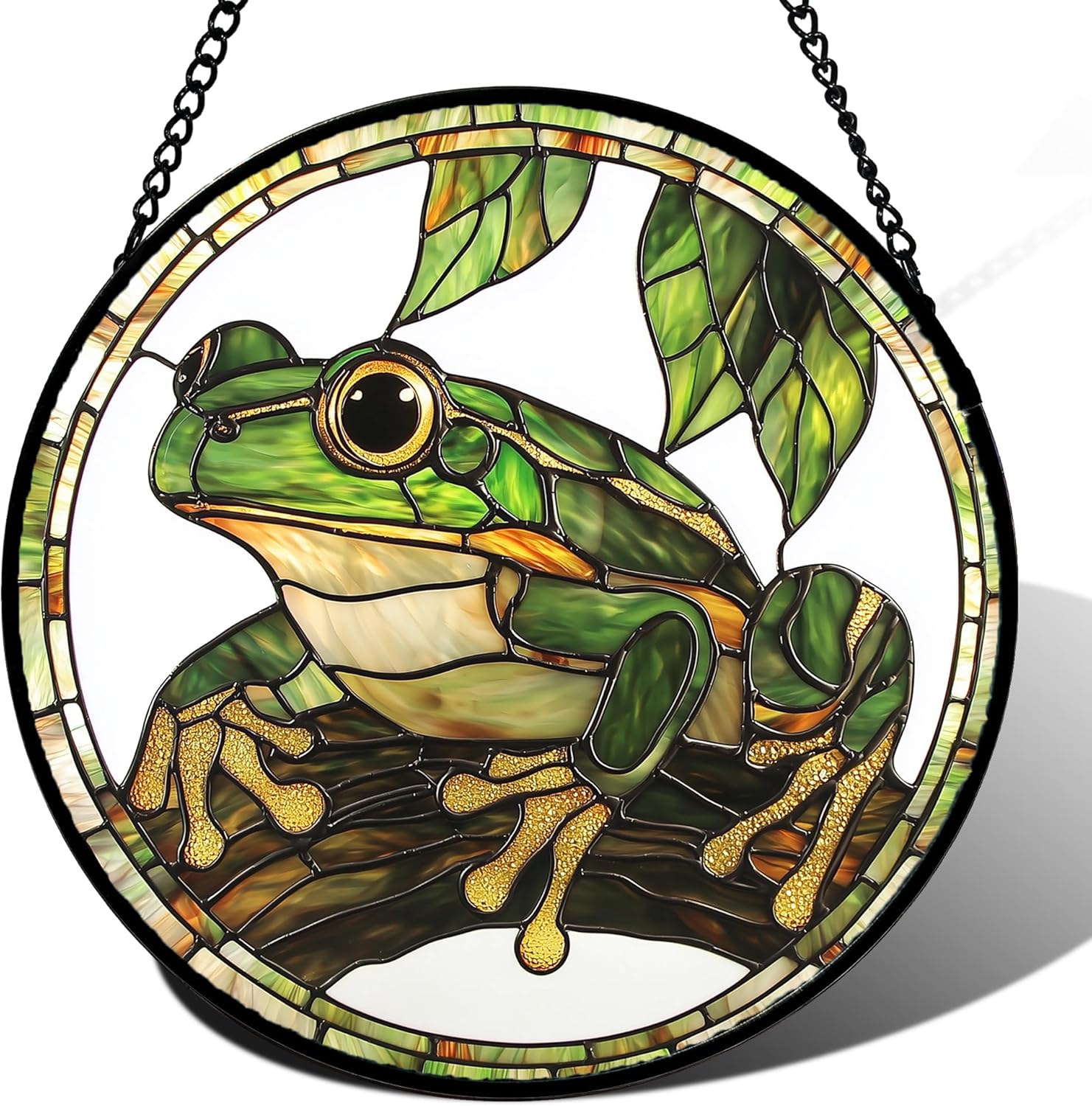 Stained Glass Window Hanging, Frog Green Leaf Sun Catchers Colorful Glass Panel Cool Suncatcher Decor for Birthday for Women, Men, Wife, Aunt, and Mom 14.9x14.9 in-VerdiqueGarden