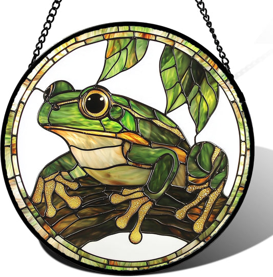 Stained Glass Window Hanging, Frog Green Leaf Sun Catchers Colorful Glass Panel Cool Suncatcher Decor for Birthday for Women, Men, Wife, Aunt, and Mom 14.9x14.9 in-VerdiqueGarden