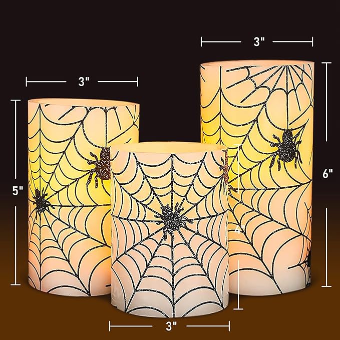 Spider Web Decor Flameless Candles Battery Operated with Remote Timer Haunted House Spooky Decorations Set of 3 Real Wax Black LED Flickering Candles Decorative for Halloween Decor Party-VerdiqueGarden