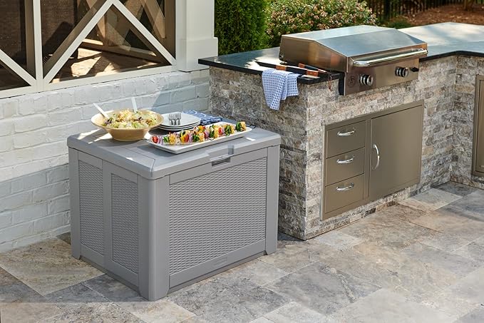 Rubbermaid Medium Resin Outdoor Storage Deck Box (74 Gal) Weather Resistant Gray Deck Organization for Home/Backyard/Pool Chemicals/Toys/Garden Tools/Porch/Patio Cushions-VerdiqueGarden