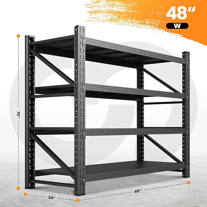 3000LBS Metal Storage Shelves, 48” W Heavy Duty Garage Shelving Units, 4 Tier Storage rack shelf, Steel Industrial Shelving , Adjustable Standing Shelf for Basement/Warehouse 48"W x 24"D x 70"H, Black-VerdiqueGarden