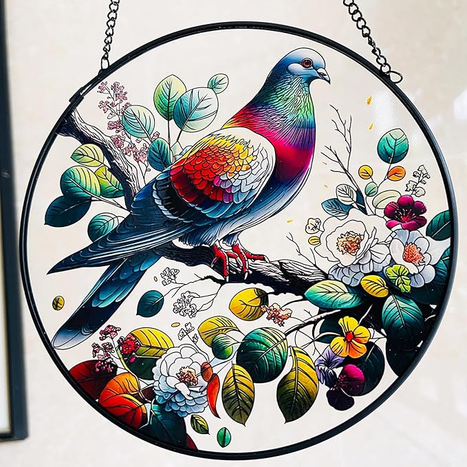 RIVEENY Stained Glass Window Hangings,8" Suncatcher Stained Glass Window Panels,Stained Panel Hangings Gift Women Girls Thanksgiving Birthday Gifts for Mom Grandma (Pigeon)-VerdiqueGarden