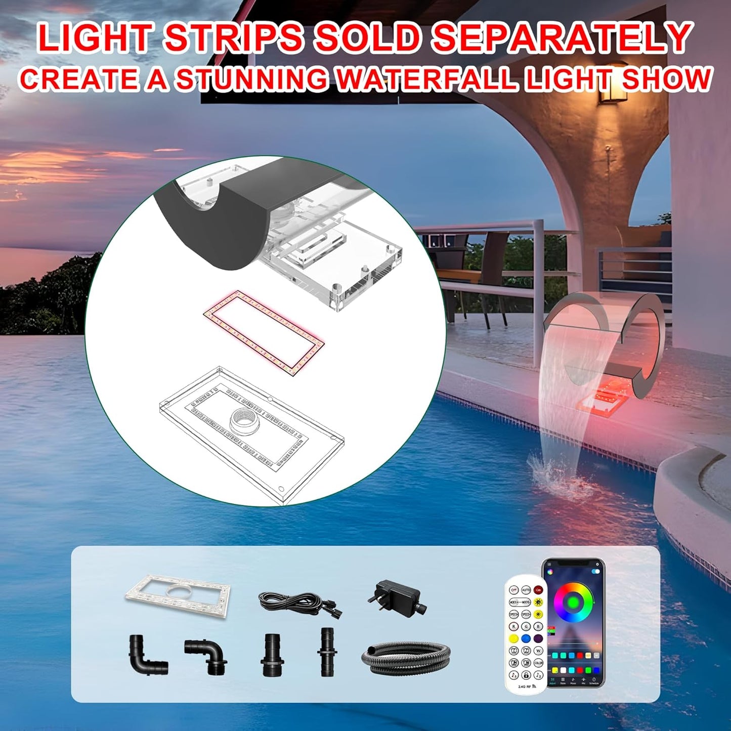 Pool Waterfall Fountain Transparent Acrylic Fountain 15.16'' x 15.16'' x 11.42'' Silver Pool Fountains for Ground Pools Garden Outdoor Waterfalls Sheer Descent Pond Water Feature-VerdiqueGarden