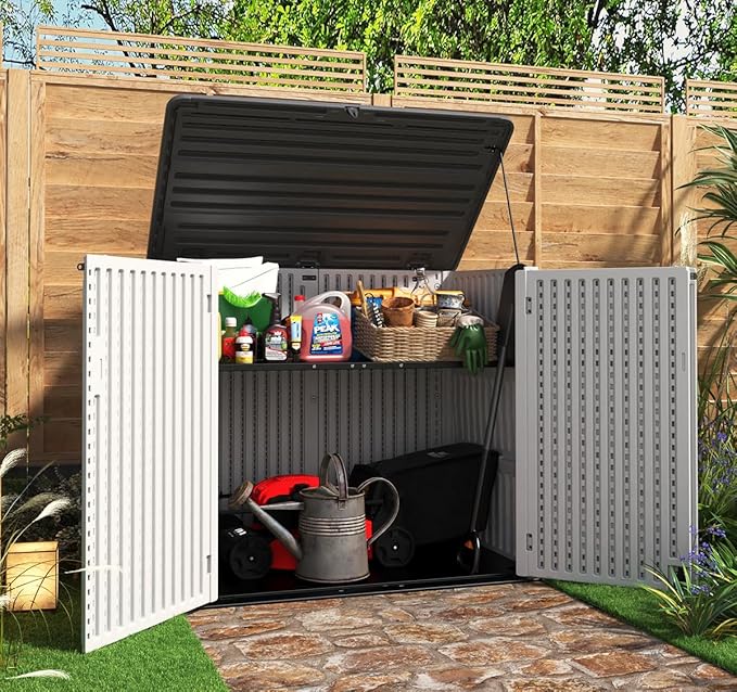 KINYING Horizontal Outdoor Storage Shed,47 Cu.ft Resin Outdoor Storage Cabinet Waterproof for Garden/Patio/Backyards-VerdiqueGarden