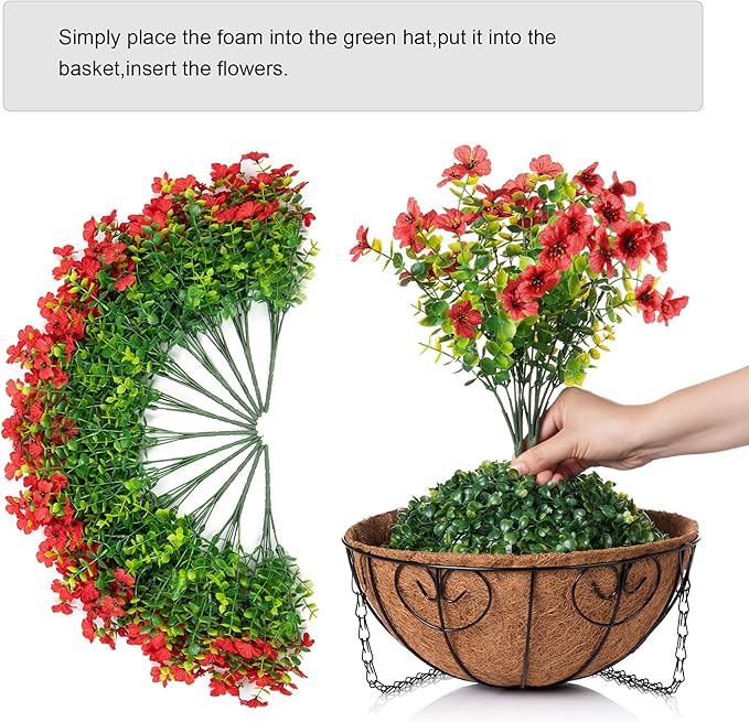 Artificial Fake Hanging Red Plants Flowers Basket for Outdoor Fall Winter Christmas, Faux Silk Daisy Mums Look Real UV Resistant for Outside Porch Home Patio Garden Yard Decoration-VerdiqueGarden