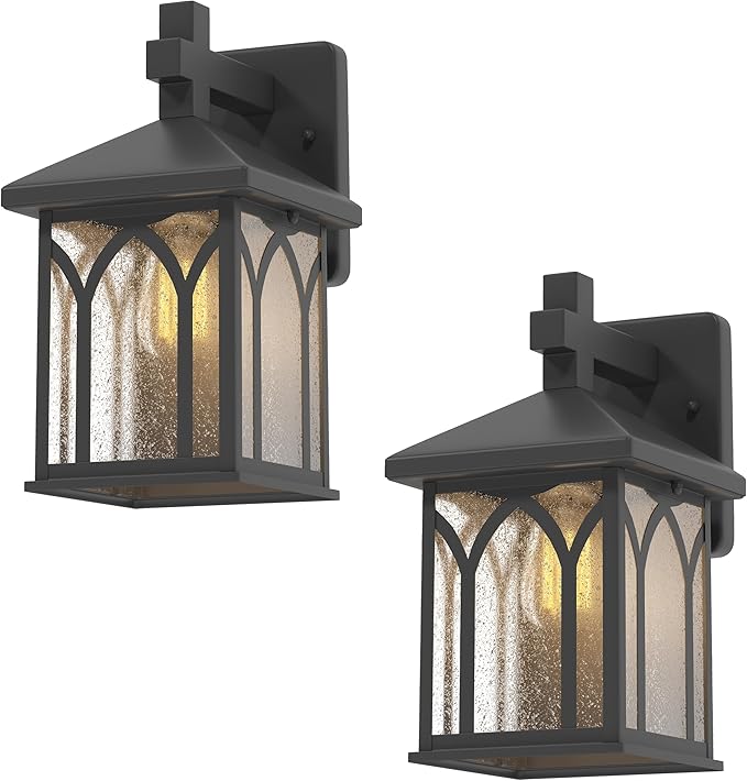 Inlight 11 4/5" High Black Finish and Seeded Glass Outdoor Wall Lantern (Set of 2), Bulb Not Included, IN-0603-1-BK-VerdiqueGarden