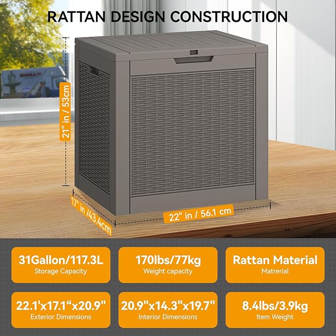 KAMABOKO 31 Gallon Outdoor Storage Box, Resin Deck Boxes Indoor and outdoor, Waterproof Storage Box Lockable Lid for Garden Tools, Package Delivery, Pool Supplies, Patio Cushions, Grey-VerdiqueGarden