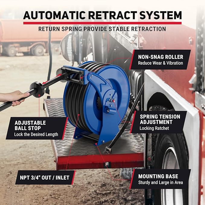 Fuel Hose Reel Retractable with Fueling Nozzle, 3/4" x 50" Heavy Duty Steel, 300PSI Industrial Auto Swivel, Spring Driven Diesel Hose Reel for Construction Farm Ship Vehicle Tank, Blue-VerdiqueGarden