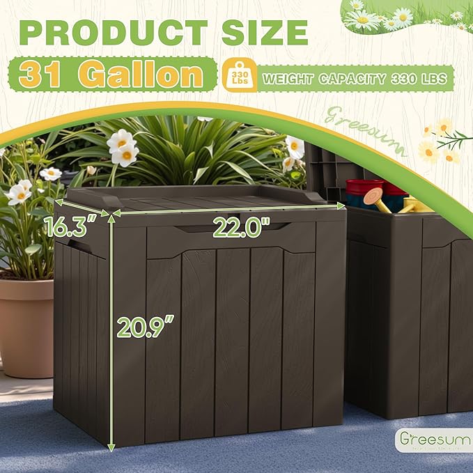 Greesum 31 Gallon Deck Box for Outside, All Weather Outdoor Storage Boxes for Patio Furniture Set, Package Delivery Box, Garden Tools, Brown(Set of 2)-VerdiqueGarden