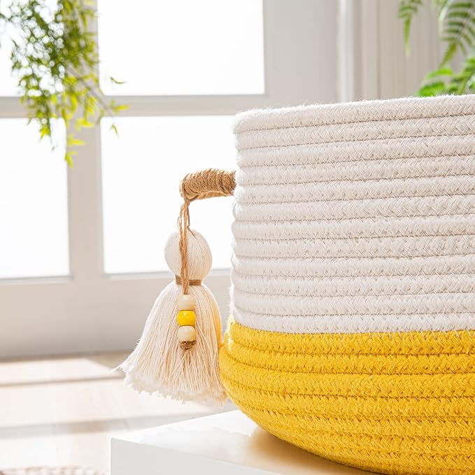 KAKAMAY Woven Baskets for Storage(16"x8"),Blanket Basket for Organizing Living Room,Cotton Rope Basket Woven Baby Laundry Hamper,Collapsible Laundry Room Organization,Clothes,Toy Chest(Yellow)-VerdiqueGarden