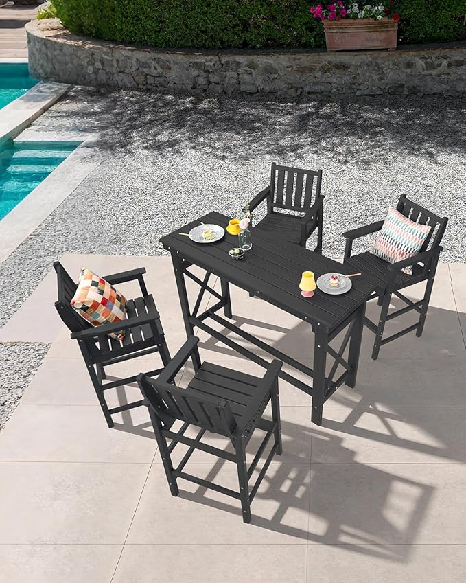 5-Piece HDPE Patio Bar Set, Rectangular Bar Height Table and 4 Adirondack Bar Chairs, All Weather Outdoor Bar Stools Set, Outdoor Bar Table and Chairs Set for Balcony, Pool, Porch, Obsidian-VerdiqueGarden