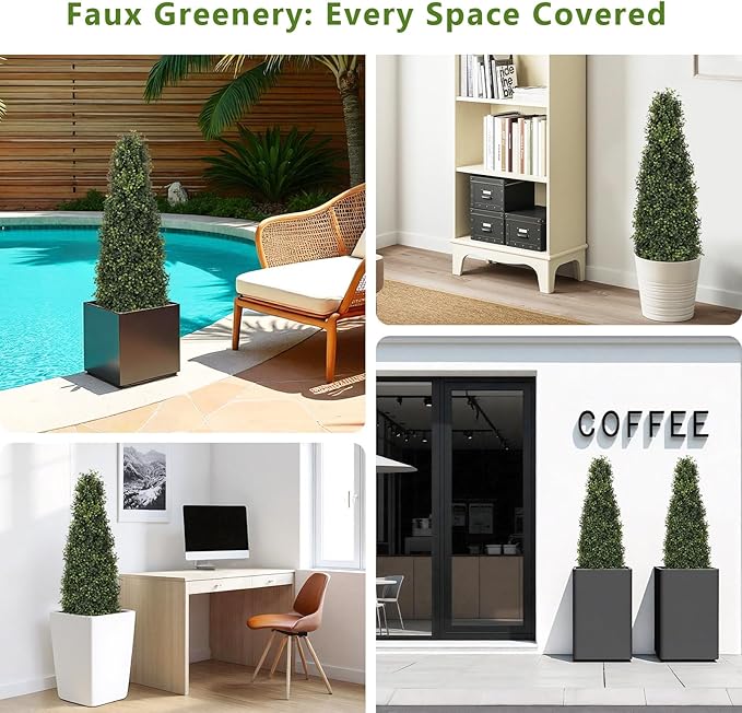 4ft Artificial Boxwood Topiary Trees (Set of 2) - UV Resistant Faux Plants Outdoor, Realistic 48in Fake Potted Bushes and Shrubs for Front Porch, Planter, Patio - Low Maintenance & Evergreen-VerdiqueGarden