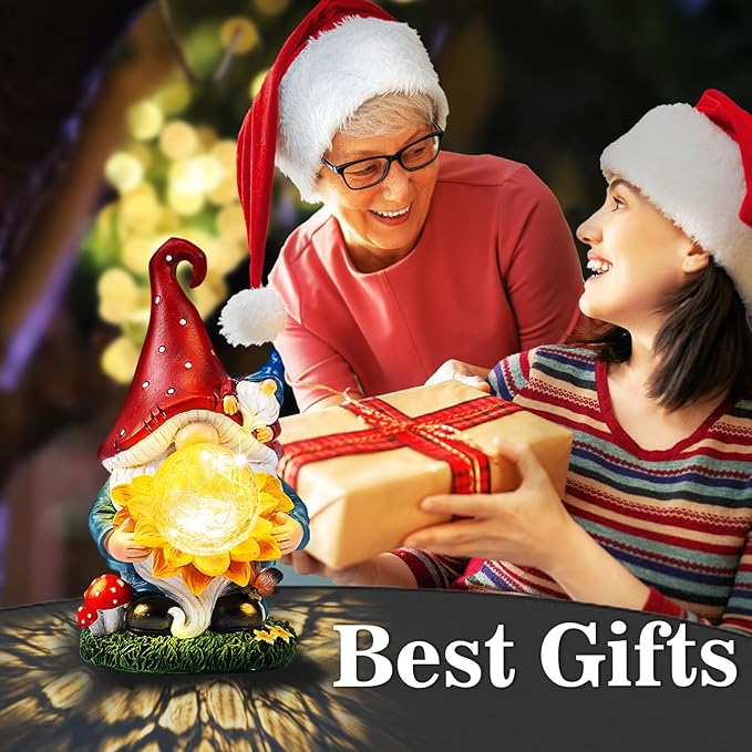 Solar Garden Decor Gnome Statues with Sunflower and Crackle Glass Globe Lights Gnome Outdoor Decorations for Garden Yard Patio Lawn, Unique Housewarming Gifts-VerdiqueGarden