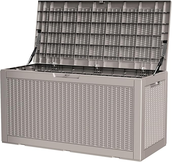 100 Gallon Storage Box, Waterproof Resin Deck Box with Hydraulic Piston Design, Lockable Storage Bench for Package Delivery, Storage Bin for Patio Cushions, Garden Tools, Grey-VerdiqueGarden