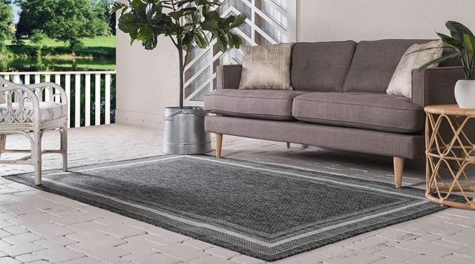 Unique Loom Outdoor Border Collection Area Rug - Soft Border (9' x 12' Rectangle, Black/ Ivory)-VerdiqueGarden