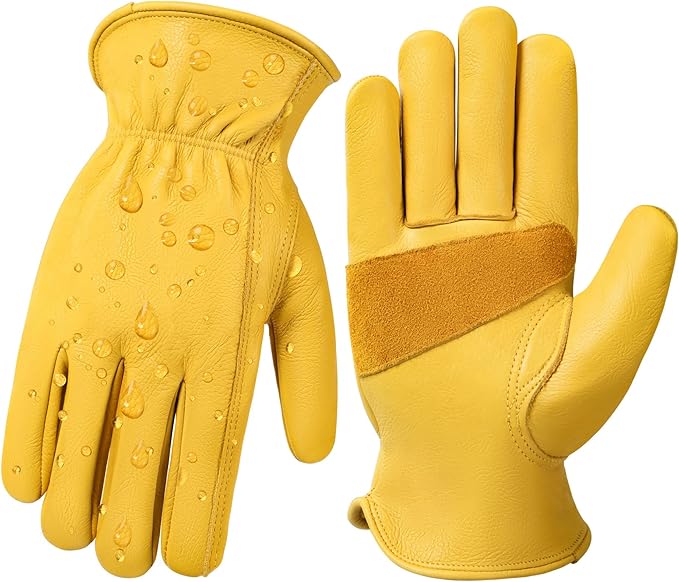 DULFINE Leather Work Gloves for Men & Women, Reinforced Durable Gardening Gloves,Cowhide Work Gloves,Puncture & Cut Resistant-VerdiqueGarden