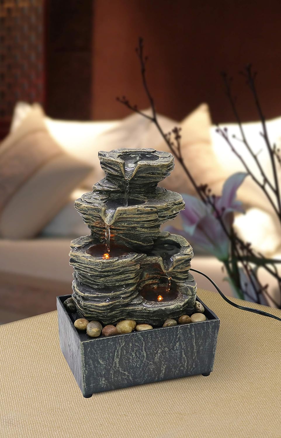 Nature's Mark Cascading Rock Tabletop Water Fountain with Natural River Rocks and LED Lights 9" Height (Power Cord Attached)-VerdiqueGarden