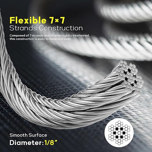 600FT 1/8" T316 Stainless Steel Cable, Wire Rope Aircraft Cable for Deck Cable Railing Kit and DIY Balustrades, 7x7 Strands Construction, Comes with a Cutter