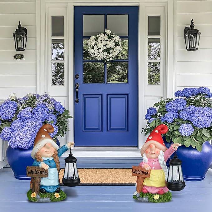 Solar Garden Gnome Statue Holding LED Lantern with Welcome Sign Outdoor Ornaments Waterproof Christmas Decoration for Outside Patio Yard Lawn Decor (Pink)-VerdiqueGarden