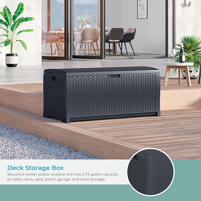 Suncast 73 Gallon Medium Resin Wicker Indoor/Outdoor Storage Box for Garden Tools, Pool Accessories, and Patio Cushions, Cyberspace-VerdiqueGarden
