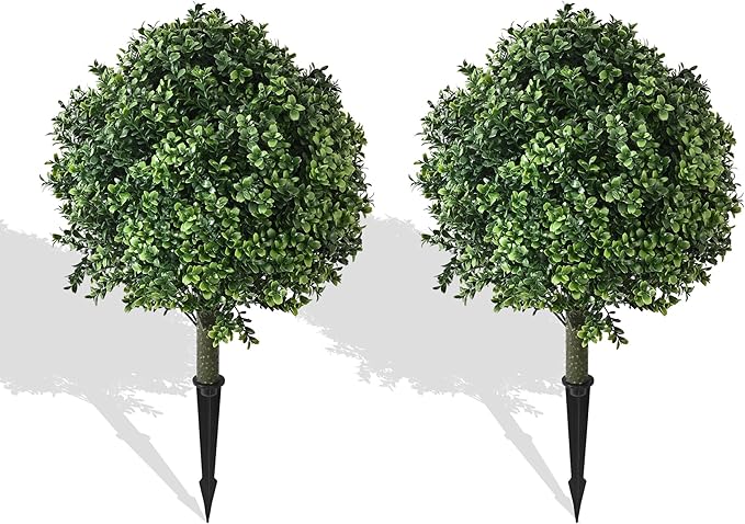 28" Artificial Boxwood Topiary Ball Trees with Ground Spike for Outdoor,Set of 2 UV Resistant Artificial Shrub Bushes,Artificial Plants,Fake Boxwood Plants for Indoor, Garden, Yard,Patio Décor-VerdiqueGarden