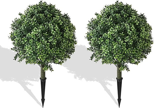 28" Artificial Boxwood Topiary Ball Trees with Ground Spike for Outdoor,Set of 2 UV Resistant Artificial Shrub Bushes,Artificial Plants,Fake Boxwood Plants for Indoor, Garden, Yard,Patio Décor-VerdiqueGarden