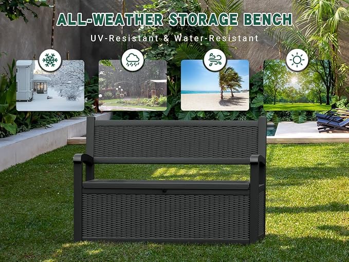 80 Gallon Outdoor Storage Box, Resin Patio Furniture with Armrest, Lockable Deck Box with Waterproof and UV Resistant for Patio Cushions, Garden Tools and Pool Supplies, Black-VerdiqueGarden