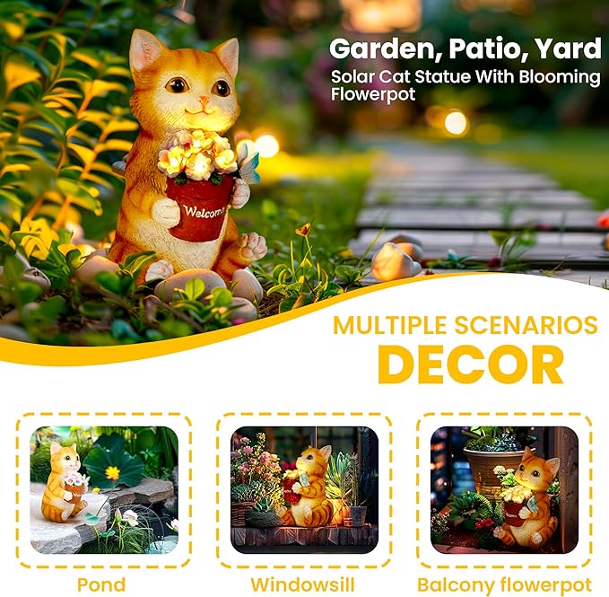 GIGALUMI Solar Garden Decor Flower Pot Cat Statues Outdoor, Birthday Gifts for Women, Gifts for Mom Grandma Senior Elder, Cat Ornament for Balcony, Garden, Patio, Yard, Lawn-VerdiqueGarden