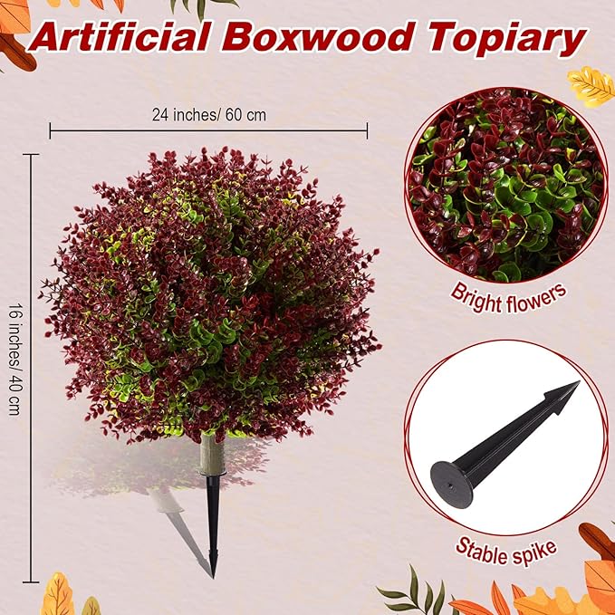 Yunlly 4 Pcs 18 Inch Artificial Boxwood Ball Topiary Tree Fake Outdoor Plants Bush, UV Resistance Faux Shrub with Spike Realistic Greenery Potted for Indoor Garden Yard Porch Patio Decor (Purple Red)-VerdiqueGarden