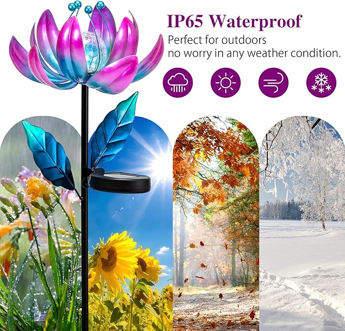 Solar Purple Metal Flower Wind Spinners, Colorful Spinning Windmill Lotus Yard Art Lights Wind Pinwheels with LED Crystal Ball Decorative Stake Lighting Flower Sculpture-VerdiqueGarden